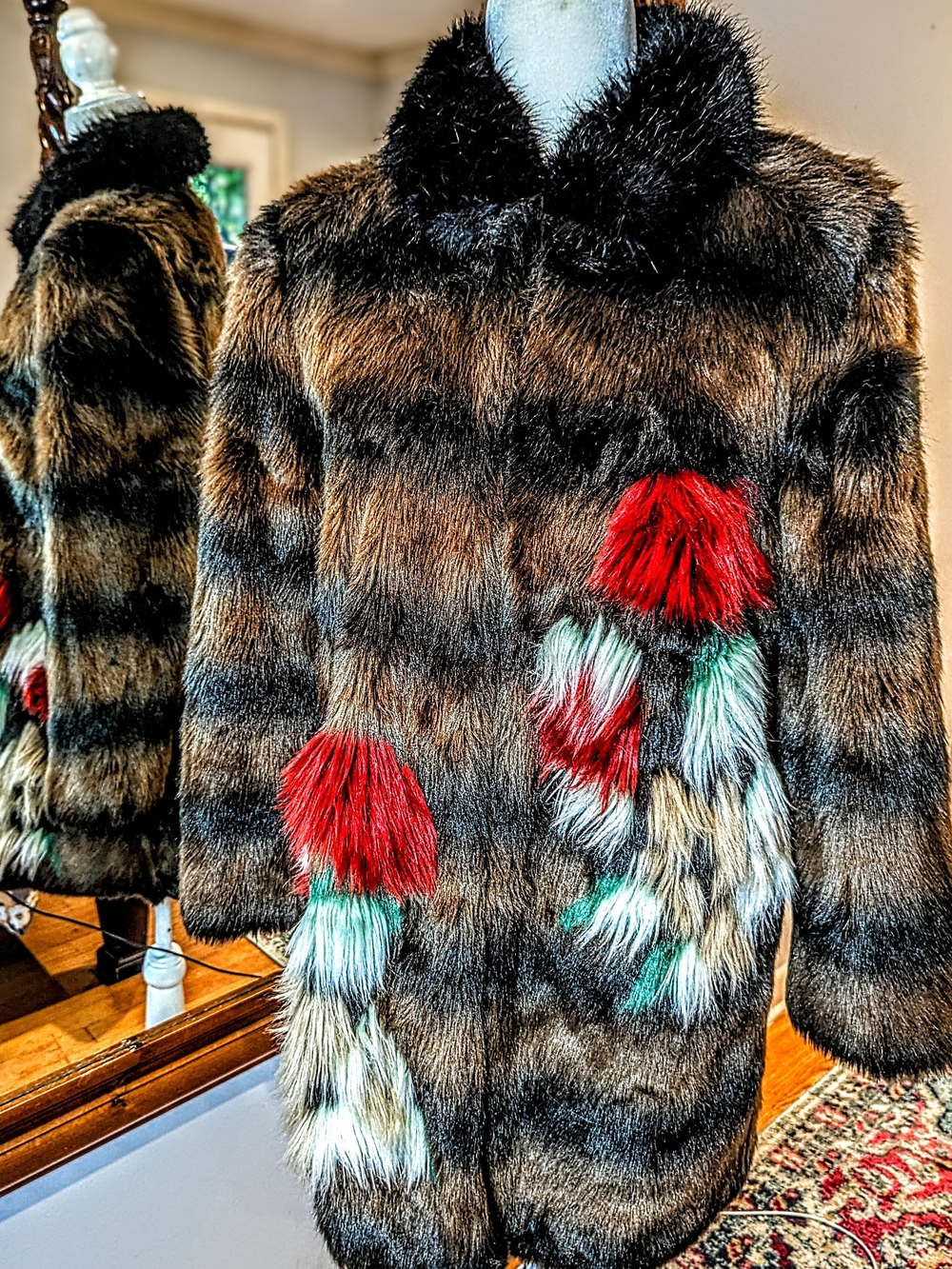 Zara Brown Faux Fur Coat with Black Collar and Red & Green Pom Accents #1253 - Picture 3 of 16